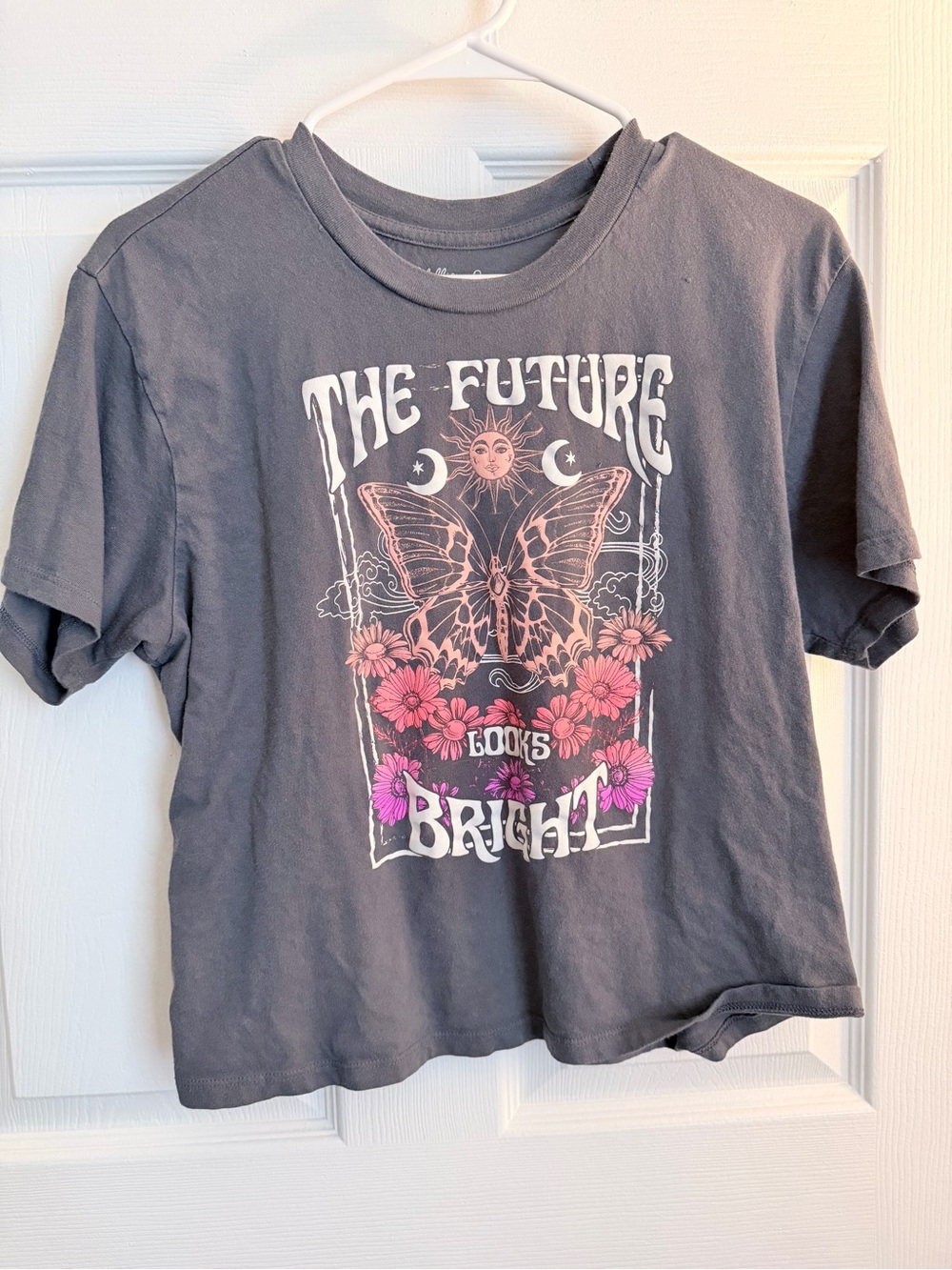 Rebellious One Gray Crop Top with Pink & Purple Butterfly Floral Print